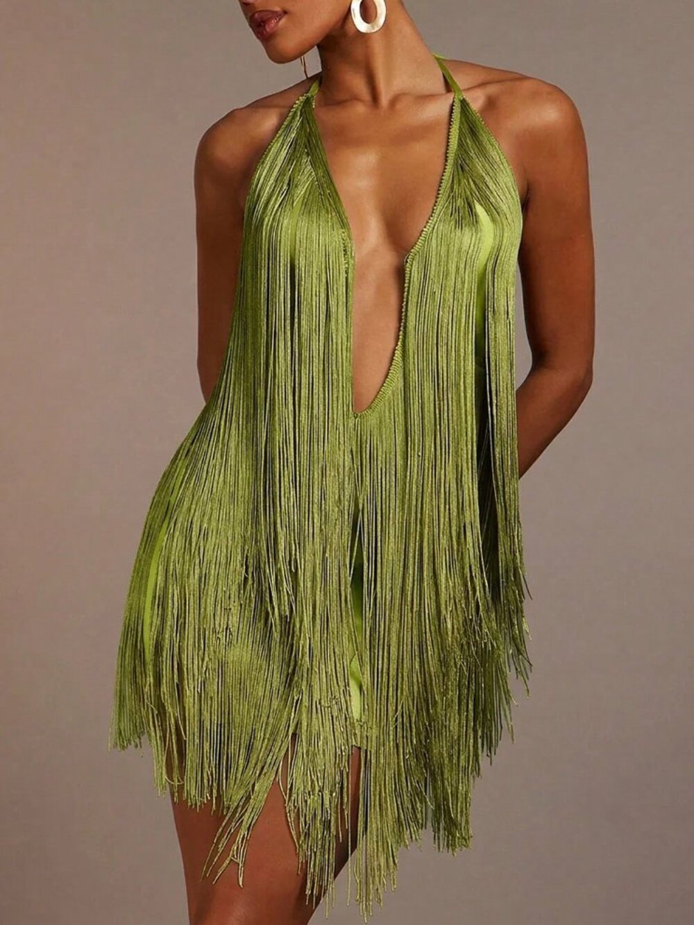 Green Party Women's Fringe Plants Plunge Backless Mini Dress